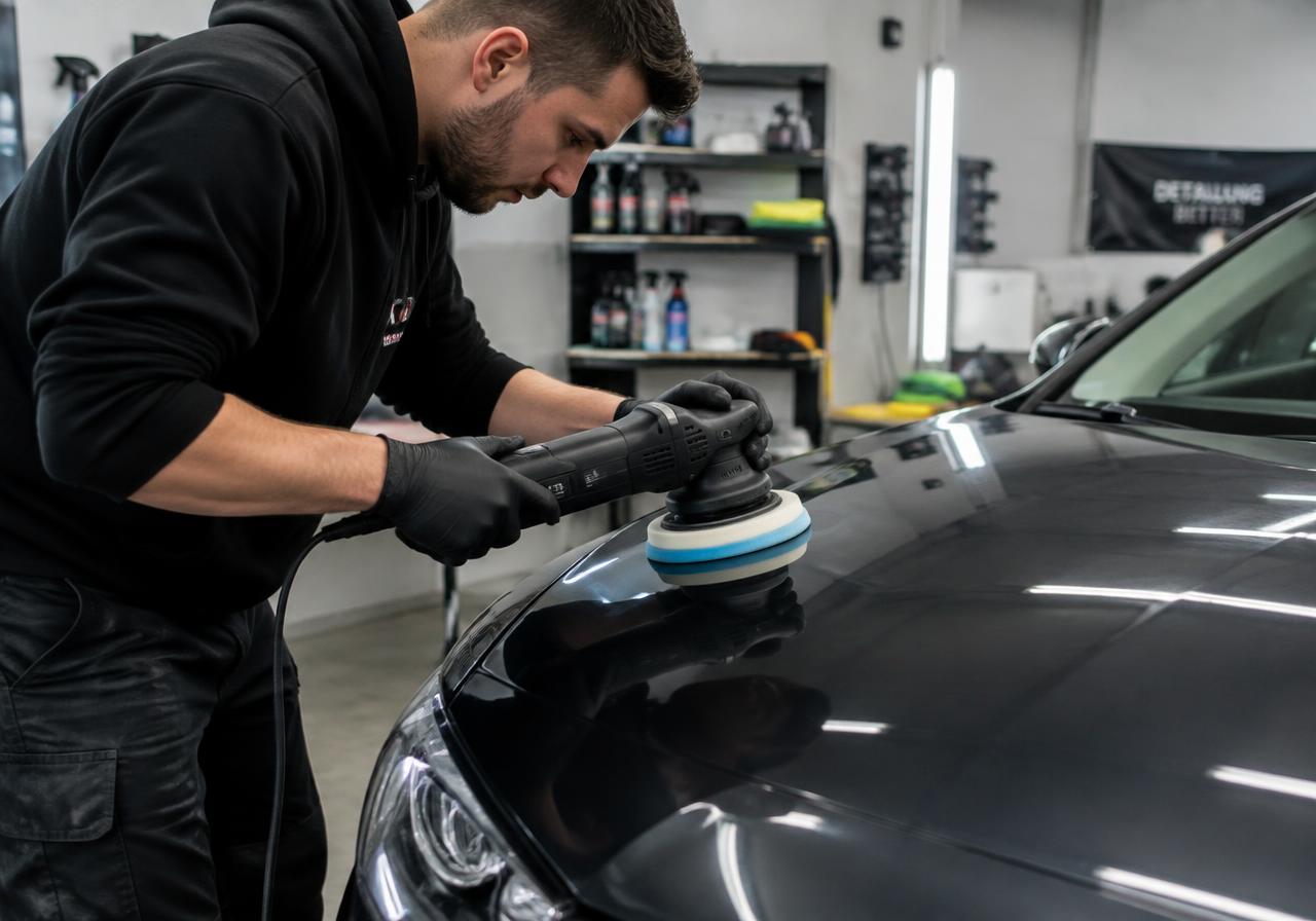 Auto detailer polishing the hood of a car