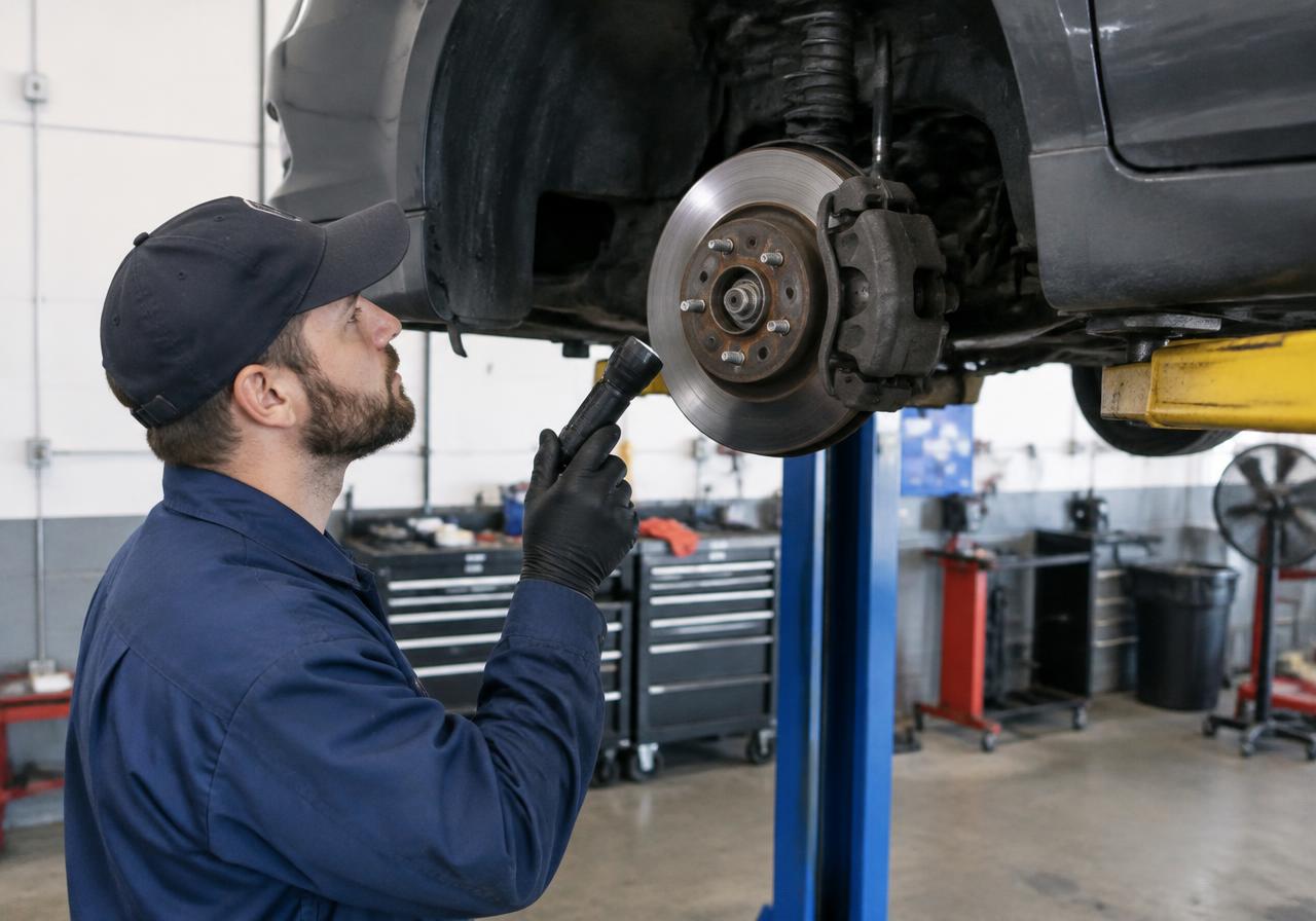 Mechanic inspecting brakes on a car lift
