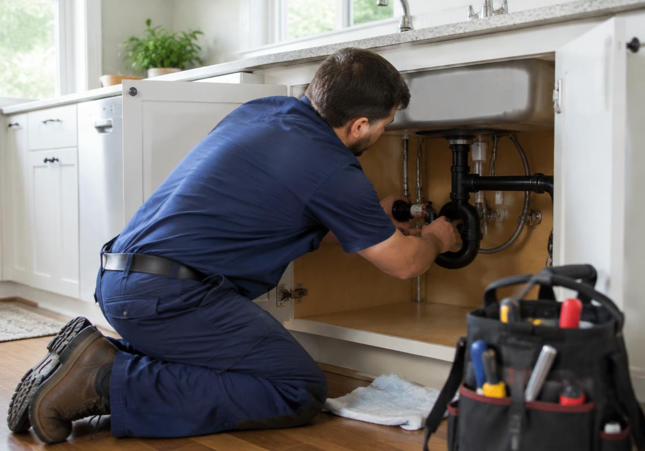 Plumber repairing pipes under a kitchen sink