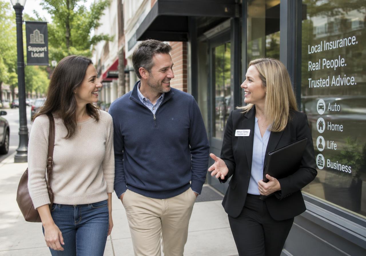 Insurance agent talking with a couple outside her office