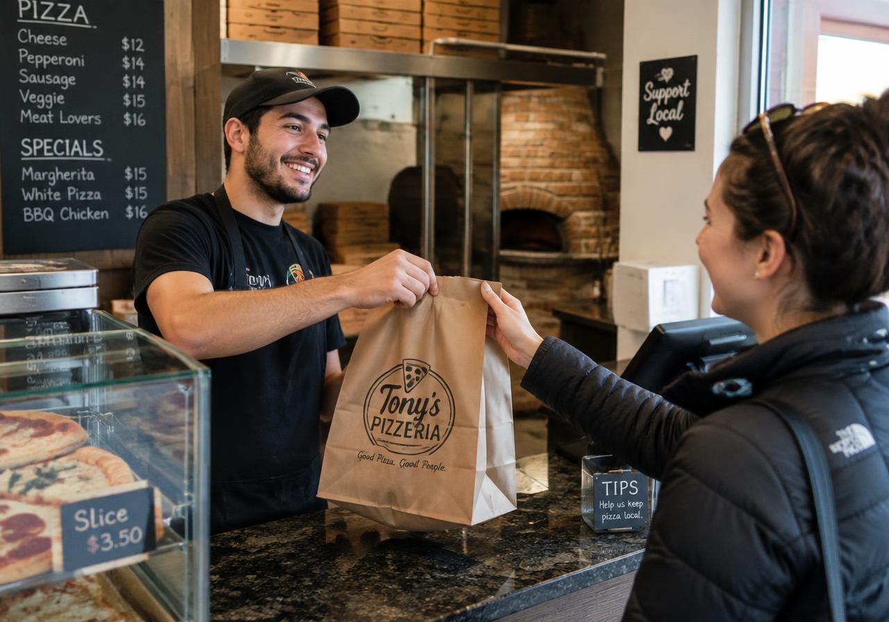 Restaurant worker handing a takeout order to a customer