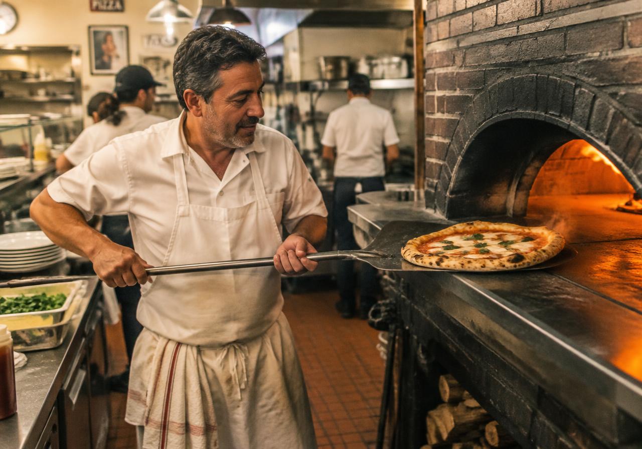 Pizzeria owner pulling a pizza from a brick oven