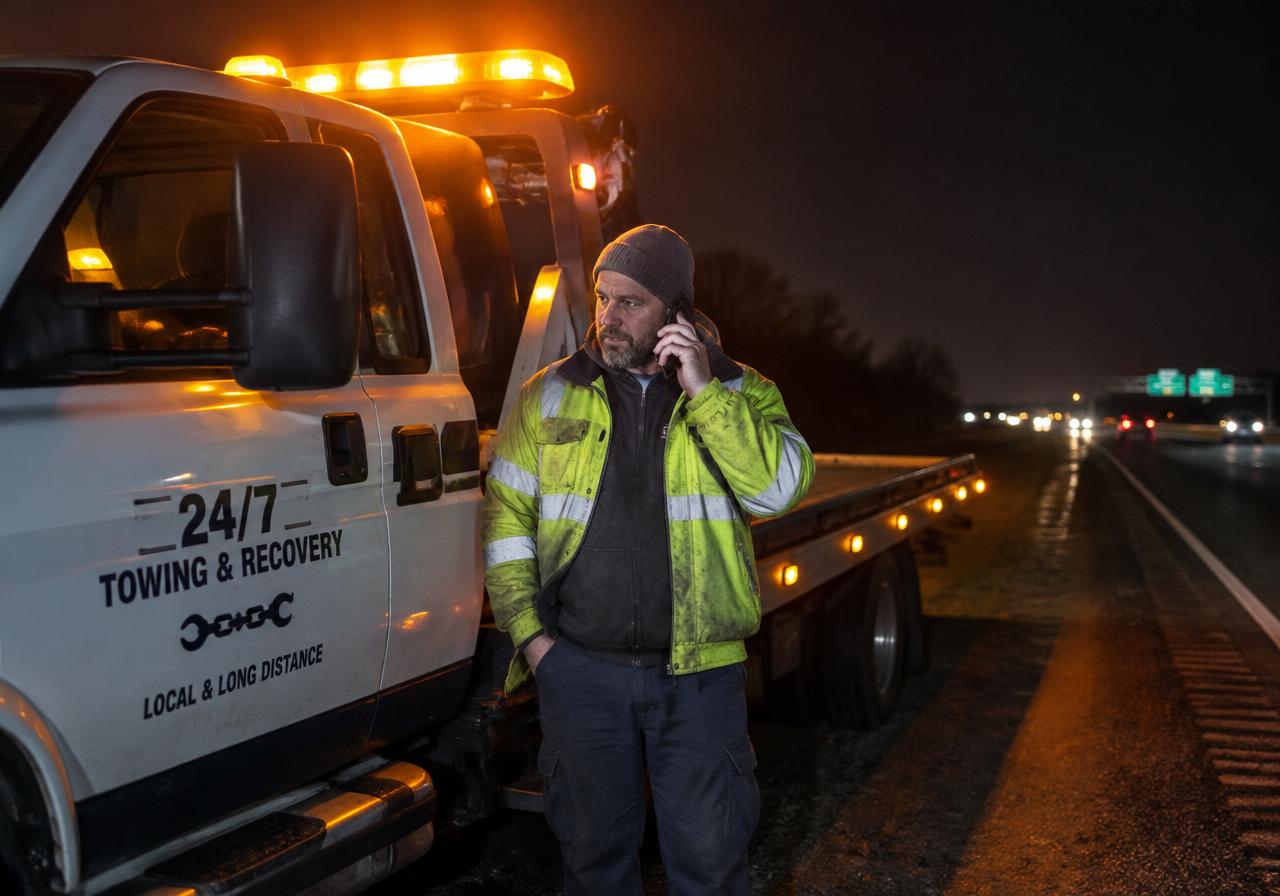 Tow truck operator taking a call at night