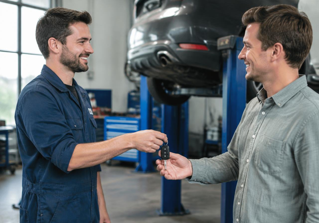Mechanic handing keys back to a happy customer