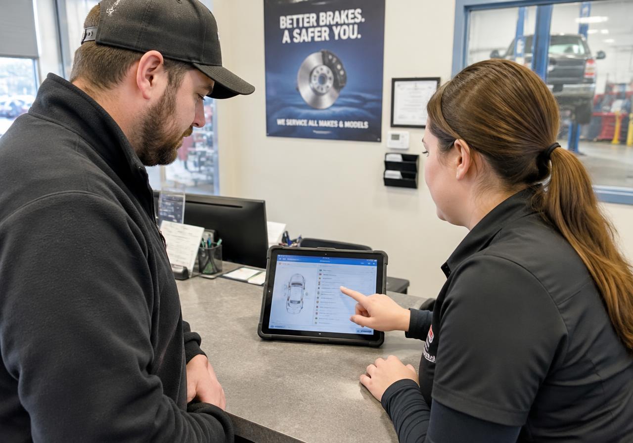 Service advisor showing a customer repair details on a tablet
