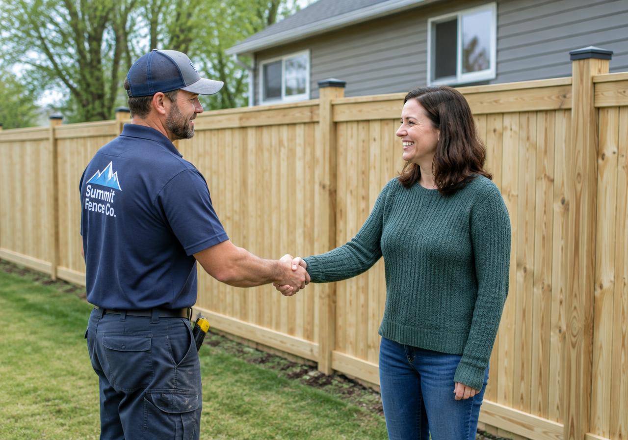 Fence contractor shaking hands with a happy homeowner