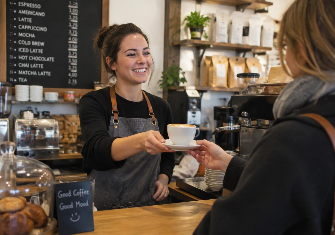 Barista handing a coffee to a regular customer
