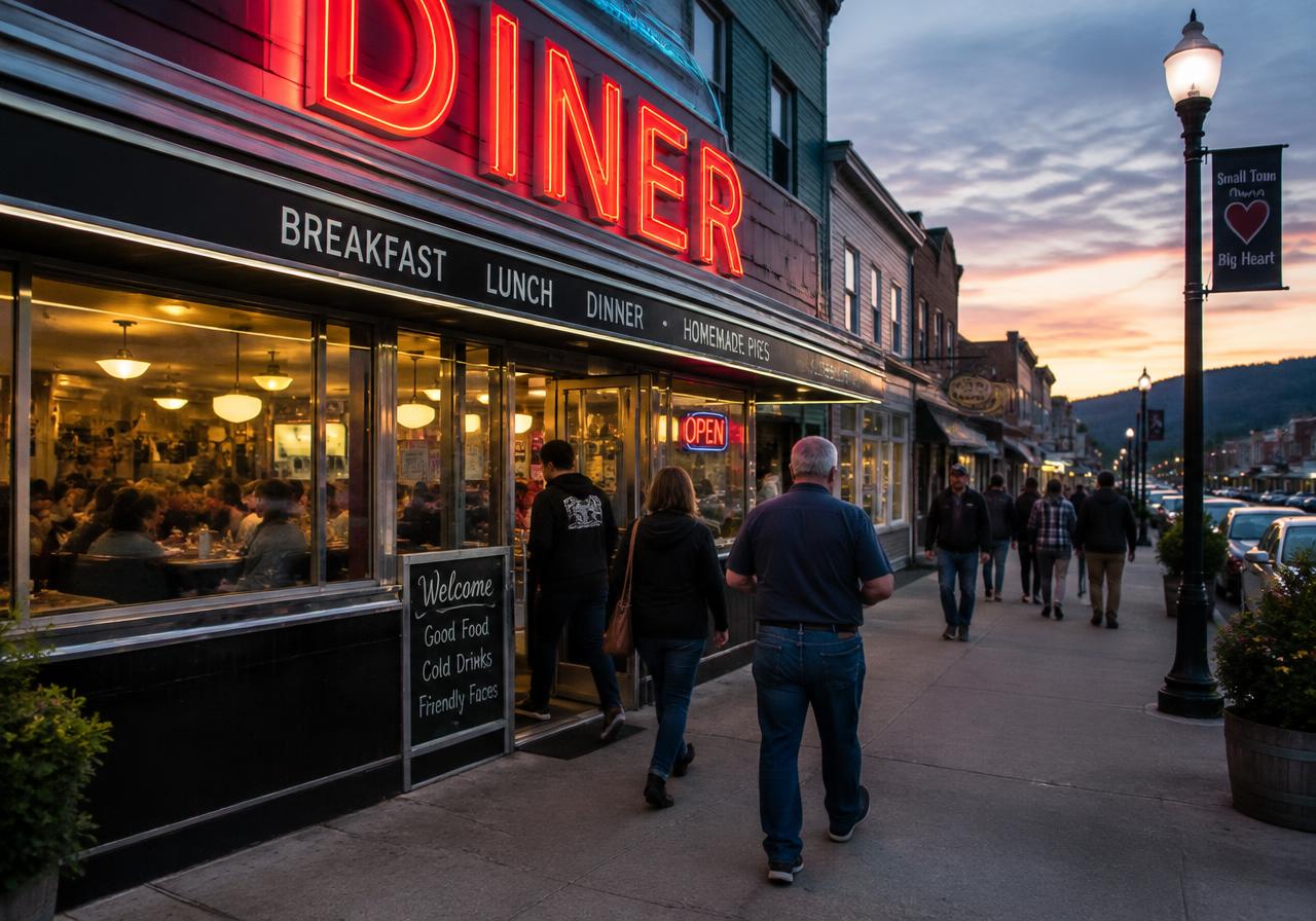 Customers walking into a busy small-town diner