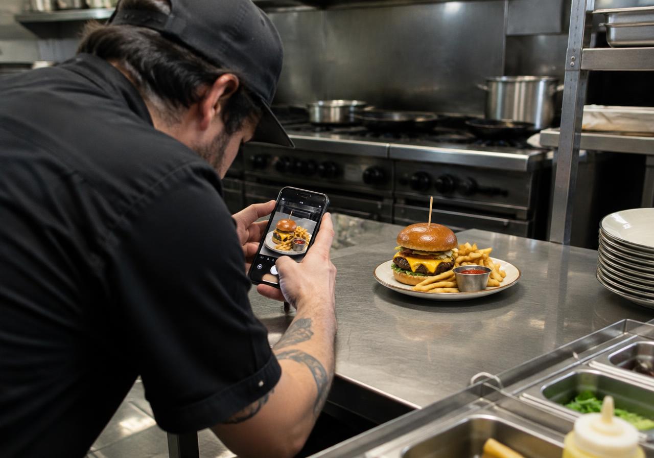 Cook photographing a plated burger for social media