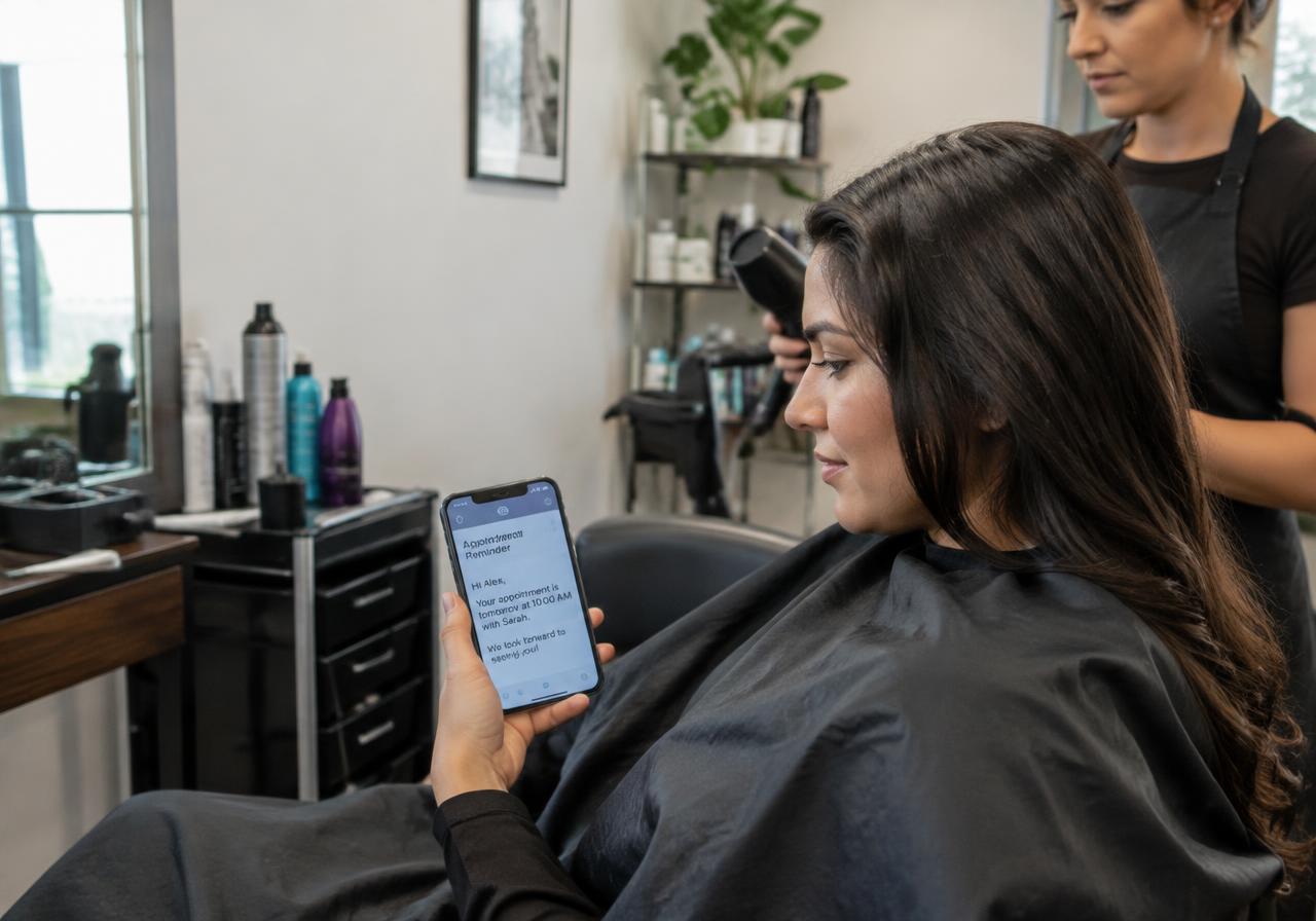 Salon client reading an appointment reminder text