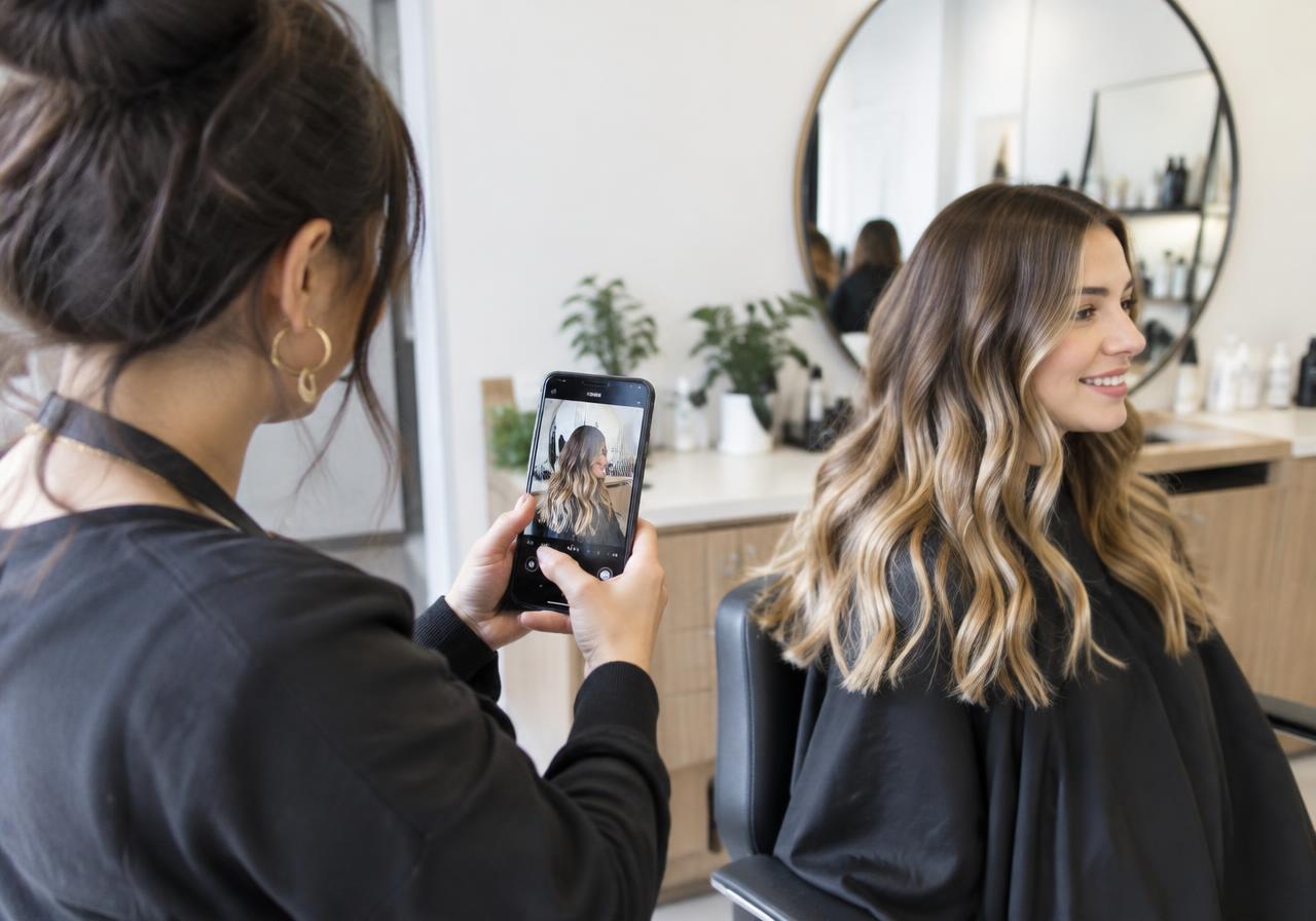 Stylist filming a finished hair color for social media