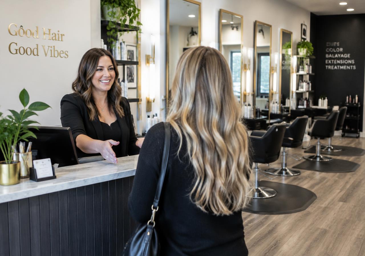 Salon owner greeting a client at the front desk