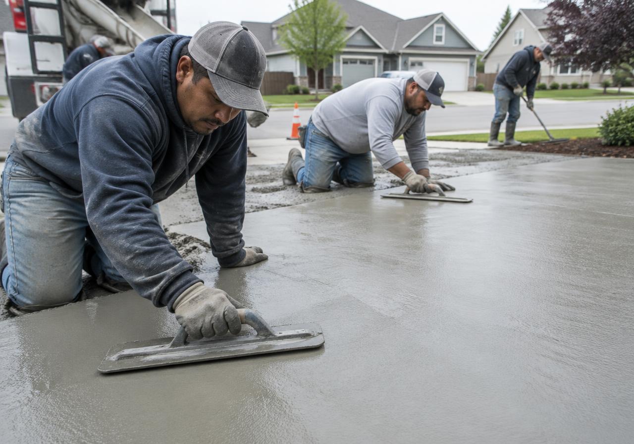 Concrete crew finishing a driveway