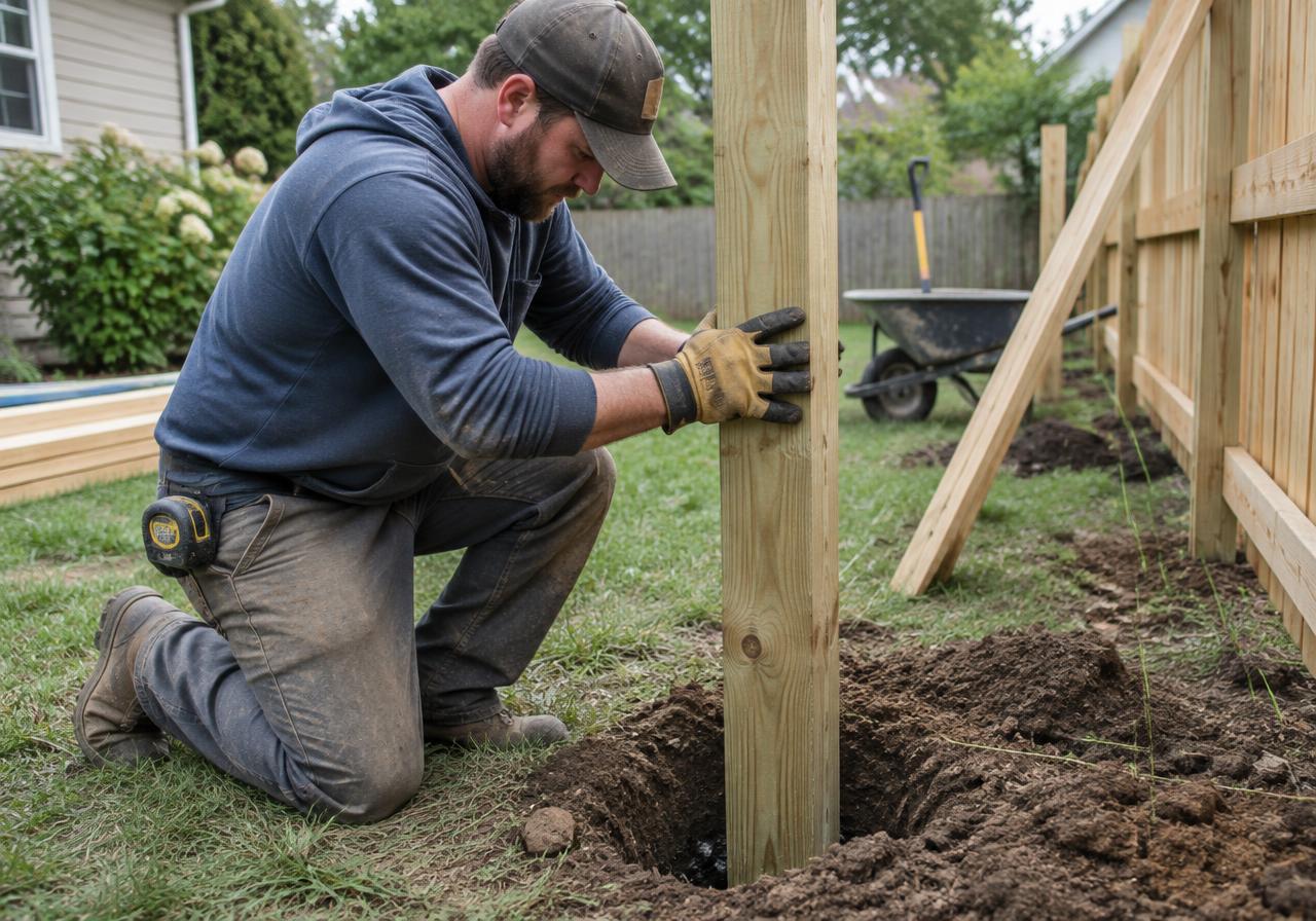 Fence installer setting a post