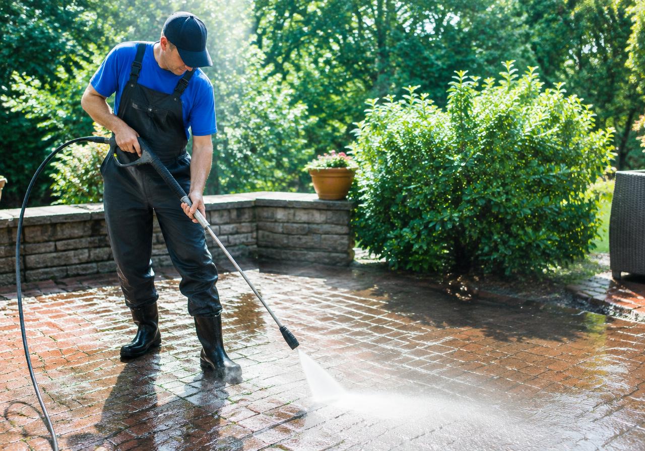 Pressure washing a brick patio