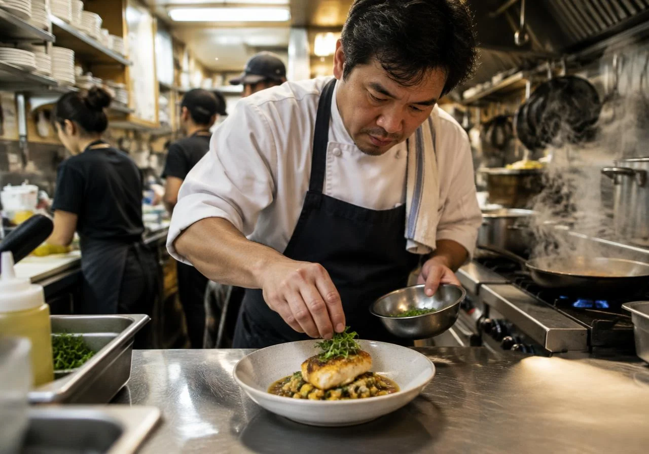 Restaurant cook plating an order in a busy kitchen