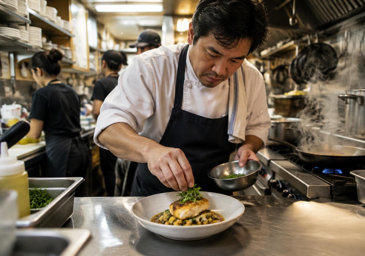 Chef plating a dish in a family restaurant