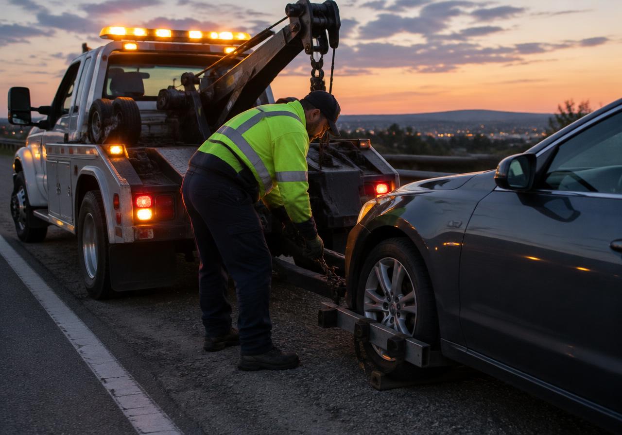 Tow truck driver hooking up a car at dusk