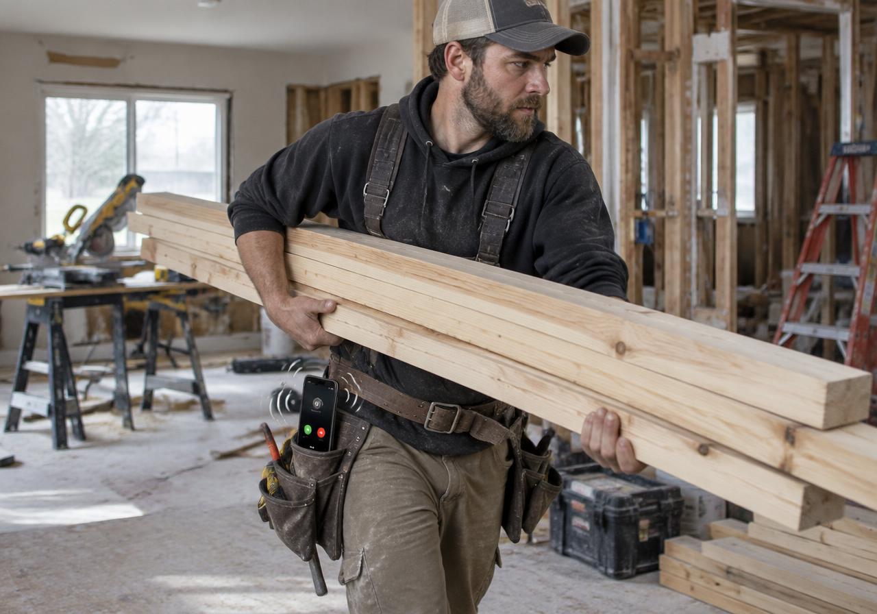 Contractor with his hands full while his phone rings