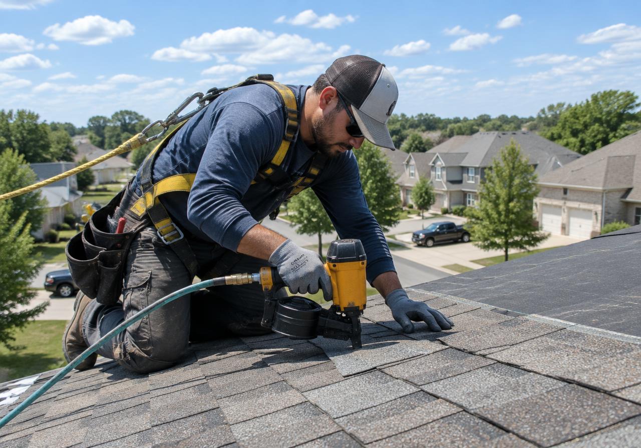 Roofer installing shingles on a neighborhood home