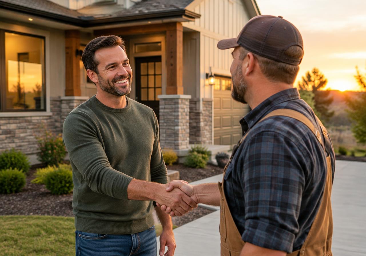 Happy homeowner shaking hands with a local contractor