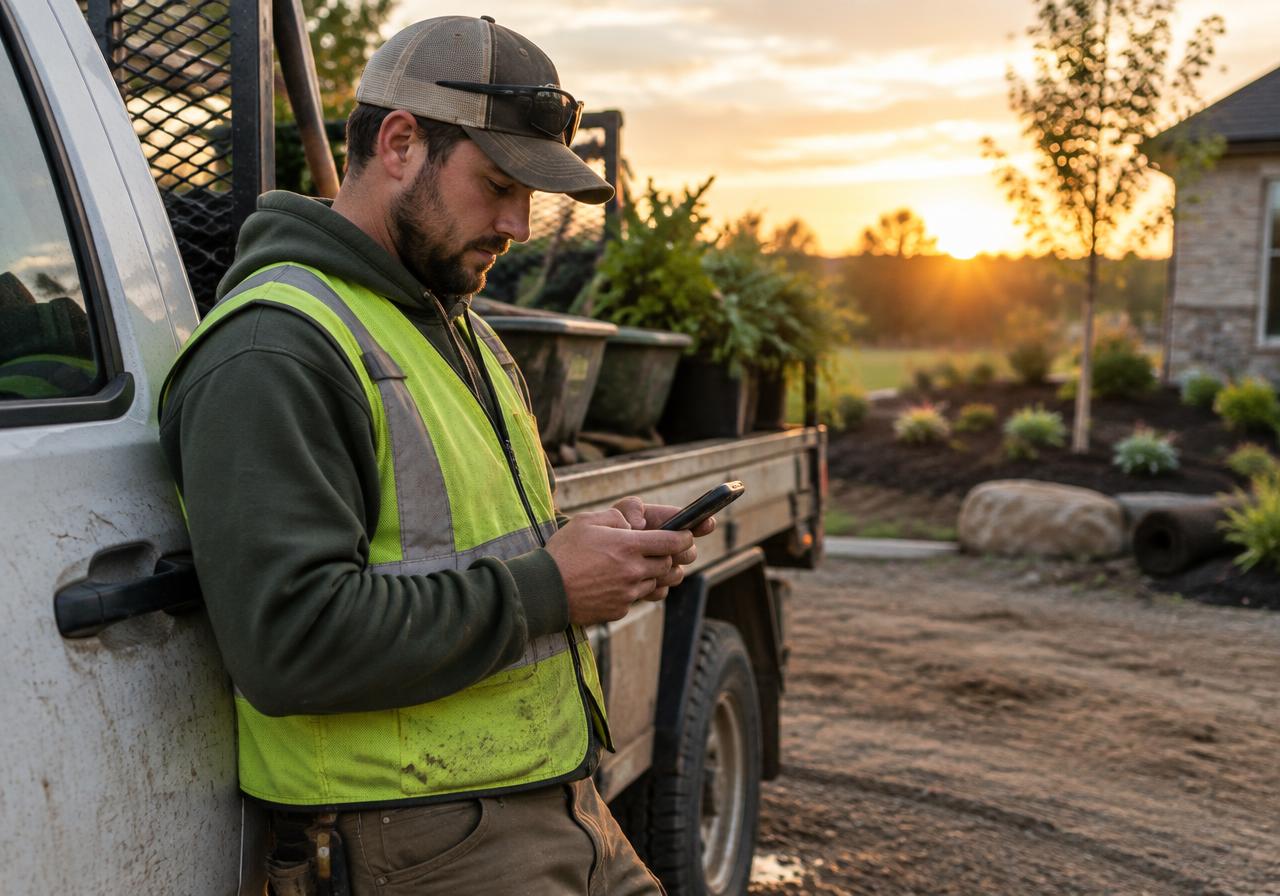 Landscaper checking his business website on his phone at a job site